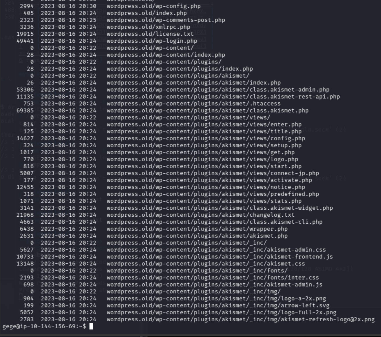 Contents of the old WordPress installation inside the ZIP archive